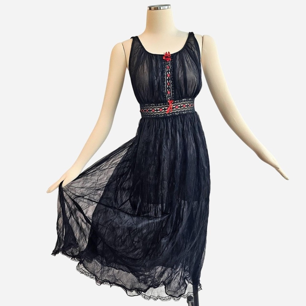 Vintage 1960s Black Lingerie Nightgown Slip Dress  Red Lace Chiffon 60s Avian